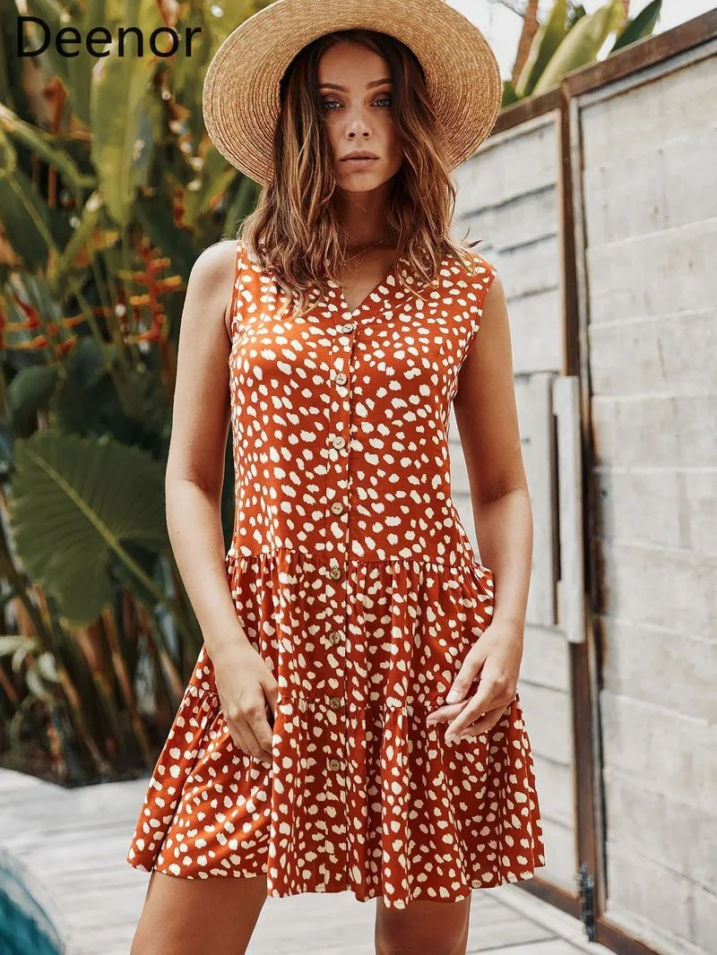 

Deenor Summer Floral Print Dress V-neck Boho Buttons Casual Sexy Party Vest Mini Dress Ladies Bohemian Beach Holiday Sundress
