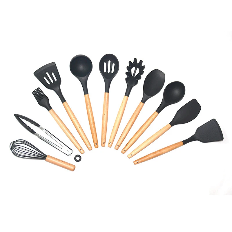 

New Hot 11Pcs/set Silicone Kitchen Utensil Set Non-stick Silicone Cooking Tools Kitchenwares with Wooden Handle SMD66