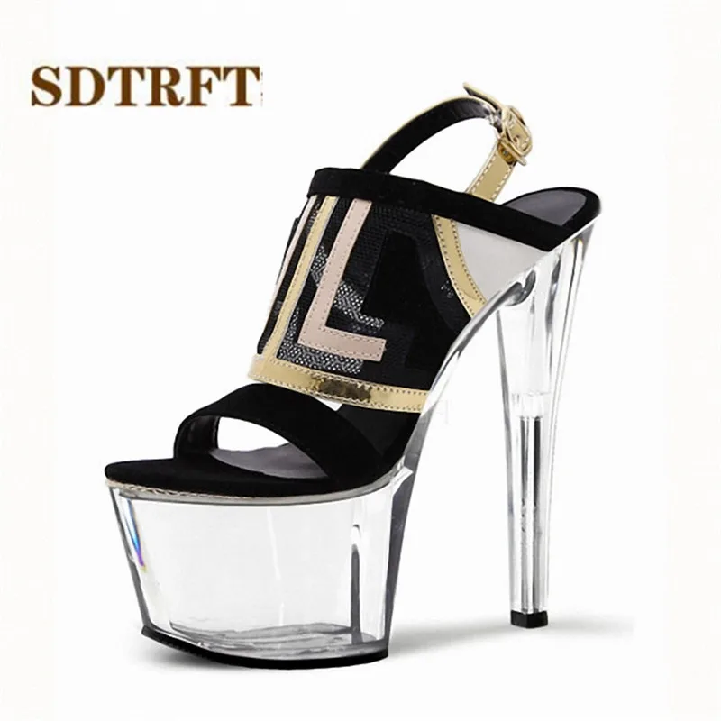 

SDTRFT Pumps Waterproof women shoes 17cm Thin High-Heeled Fish mouth feminino Transparen Crossdresser Stiletto mature super high