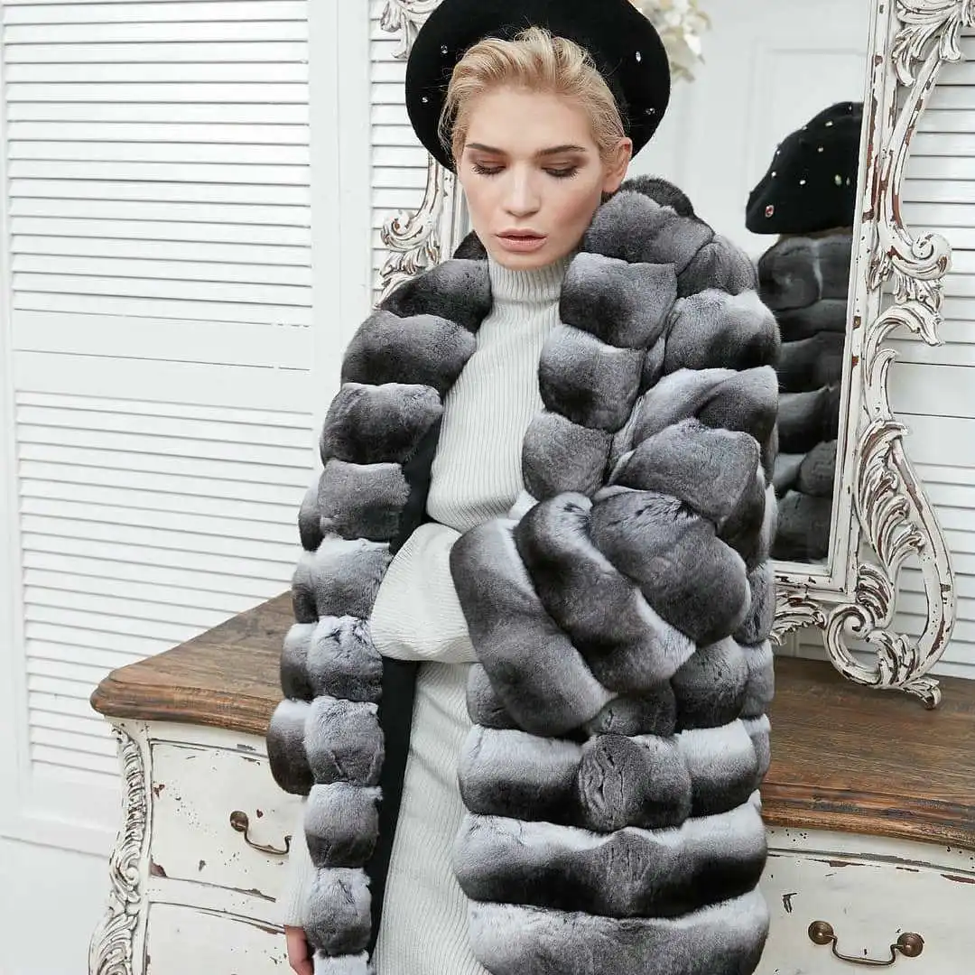 Mid-length Natural Rex Rabbit Fur Jacket Women Thick Fur Overcoat Winter New Chinchilla Color Genuine Rex Rabbit Fur Coat Woman