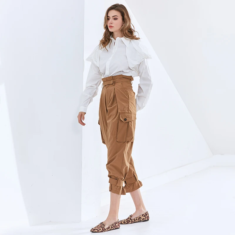 

TWOTWINSTYLE Casual Cargo Pants For Women High Waist Pleated Solid Plus Size Trousers Female Fashion New Clothing 2020 Autumn