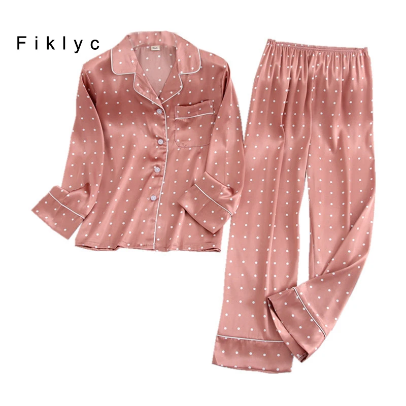 

Fiklyc Underwear Spring / Autumn Long Sleeve & Pants Women's Turn-Down Satin Pajamas Sets Pizama Damska Night Suits Huispak HOT