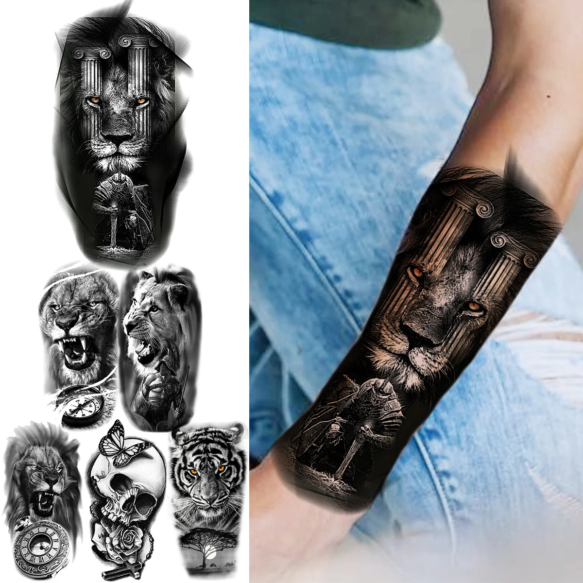

Realistic Lion Warrior Temporary Tattoos For Men Adult Women Tiger Skull Compass Fake Tattoo Realistic Body Art Decoration Tatoo