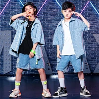 kid kpop hip hop clothing print denim blue short sleeve shirt streetwear jeans shorts for girl boy jazz dance costume clothes