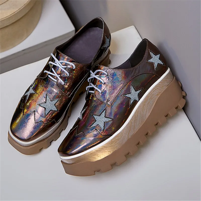 

Women Platform Glitter Shoes Thick Bottom Laces-Up Cake Bottom Five-Pointed Star Ladies Shoes Breathable SneakerColorful Cowhide