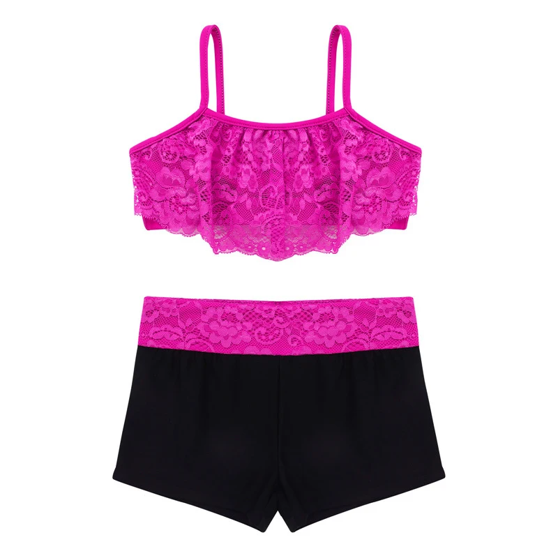 Children Sportswear 2PCS Kids Lace Floral Spaghetti Straps Crop Tops Bottoms Suits Girls Workout Tankini Swim Dance Outfit |