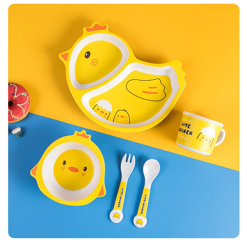 

5Pcs Cute Chick Divided Children's Plate Cute Creative Household Dinnerware Baby Plate Breakfast Dinner Plate