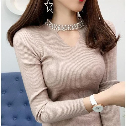 V-neck Knitted Sweater Solid Women 2021 Autumn Long Sleeve Hollow Korean Pullover Thin Slim Beading Bottoming Coat 10610 | Женская