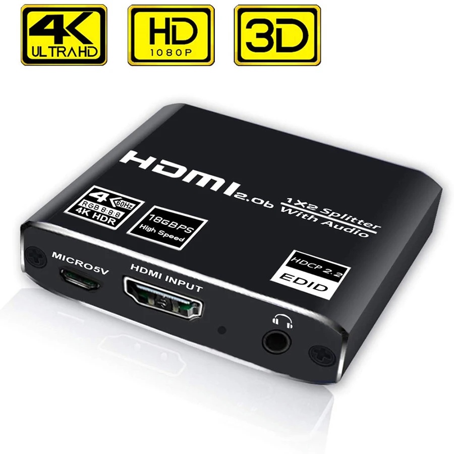 Ultra 4K HD 1x2 18Gbps Video Audio HDMI 2.0 Splitter 1 In 2 Out 60Hz Support HDCP 2.2 RGB 8:8:8 3.5mm Jack Audio EDID 4k For