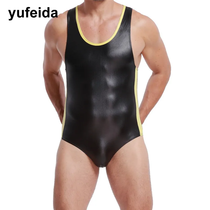 

Sexy Men Undershirts Faux Leather Jumpsuit Underwear Bodysuit Wrestling Singlet One-piece Leotard Catsuit Stage Clubwear Briefs