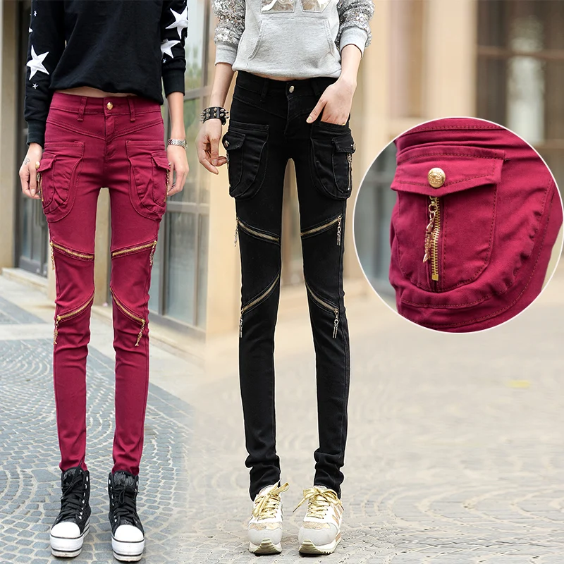 

Hip Hop Cargo Pocket Skinny Jeans Slim Femme Women Cotton Harem Denim Pants Womens Zipper Biker Jeans Woman Black Blue Grey