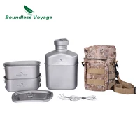 Boundless Voyage Camping Tableware Military Canteen Titanium Kettle Camping Picnic Pot Pan Set with Lid Camouflage Bag