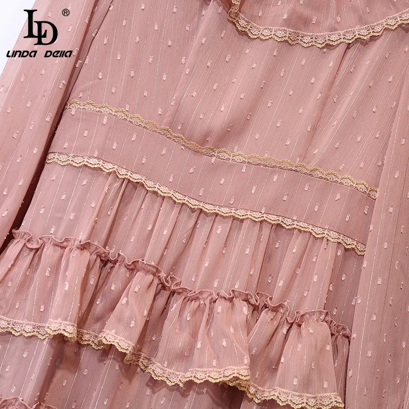 

LD LINDA DELLA New 2021 Fashion Designer Summer Dress Women Lantern Sleeve Cascading Ruffle Lace Patchwork Vintage Midi Dress