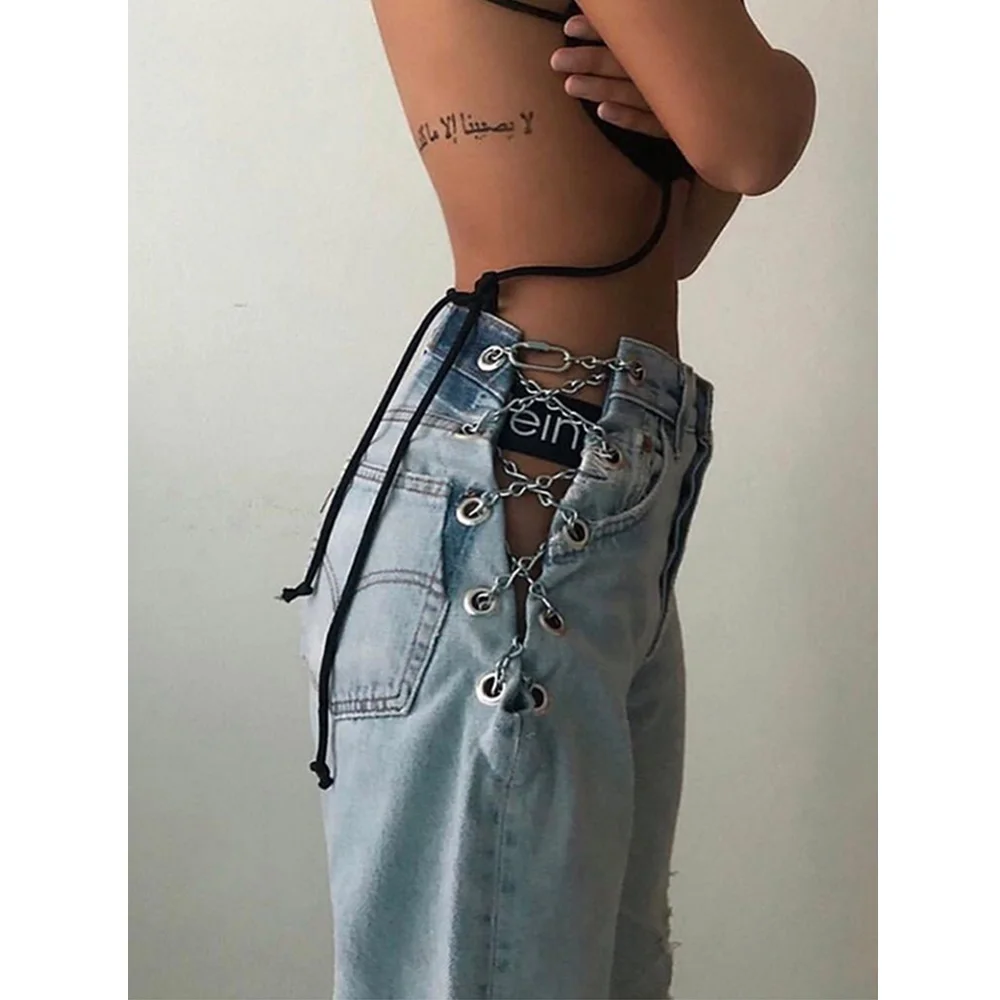 

Casual Heavy Craft Side Split Belt Metal Chain Ladies Sexy High Waist Jeans 2020New Ladies Fashion Personality All-match Jeans