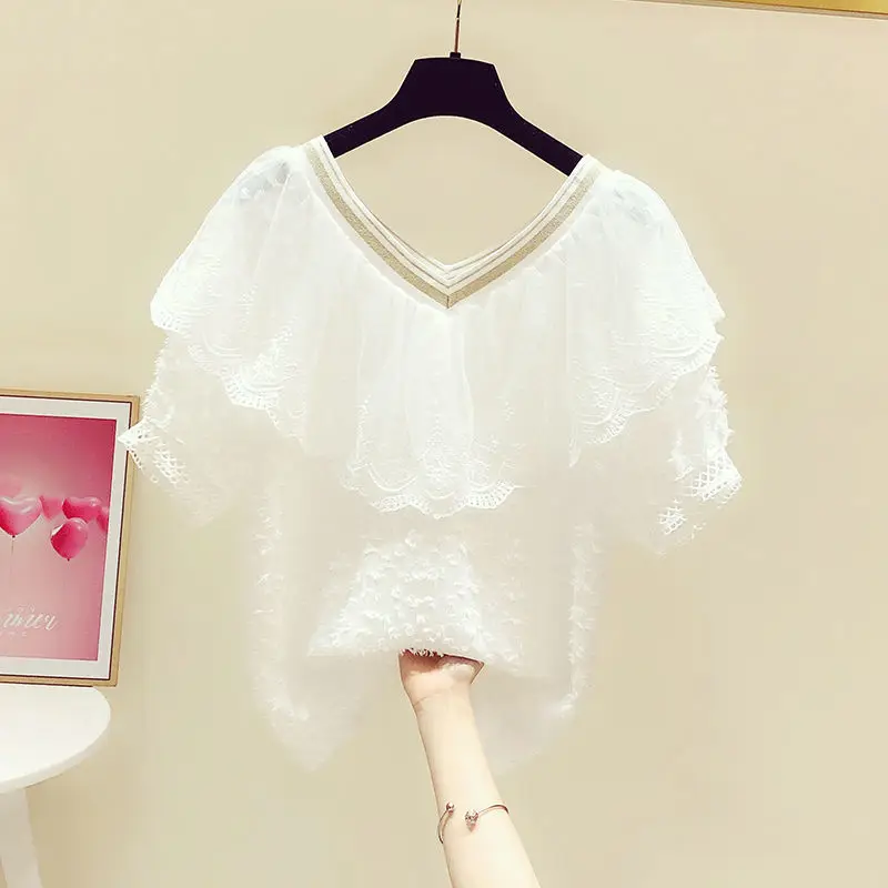 

Sweet Style Lace White Women Blouse Summer New 2021 V-Neck Ruffles Hollow Out Lady Elegant Pulls Outwear Tops