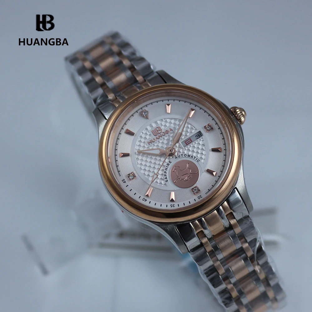 

Huangba Women's Watches Mechanical Bracelt Luxury Brand Sapphire Rose Gold Wristwatch for Ladies Automatical Miyota Movement