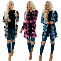 women plaid hooded long shirt coat autumn winter single breasted outdoorwear blouse lady daily streetwear overcoat