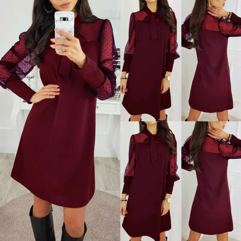 Сексуальное женское прозрачное Сетчатое платье с длинным рукавом в горошек |