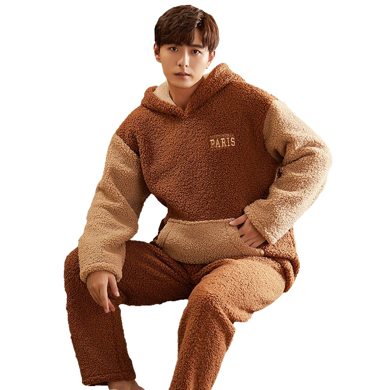 Winter Coral Velvet Pajamas Men's Thickened Flannel Warm Plush Hooded Homewear Set
