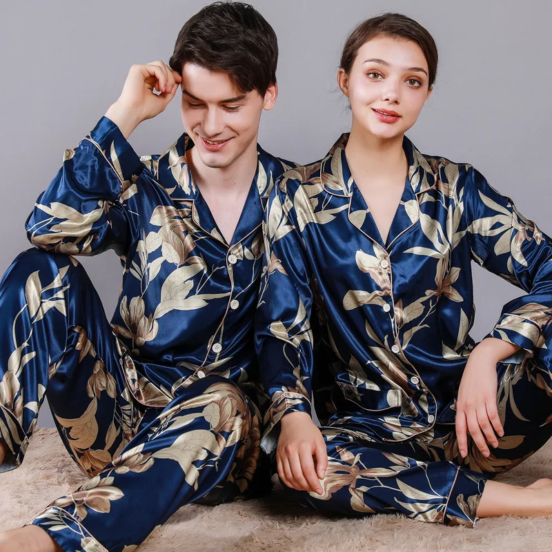 Lce Silk Men's Pajamas Couple Spring Summer Loose Cool Pajamas Set Luxury Jacquard Pajamas Soft Skin-Friendly Men's Pajamas %100