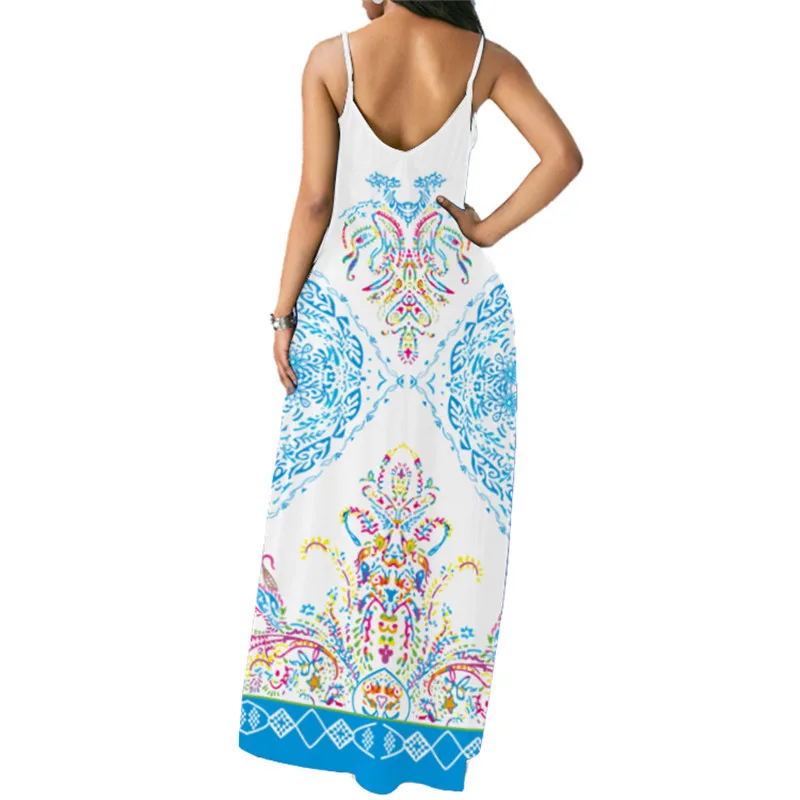 

Women Floral Summer Boho Long Maxi Dress V Neck Sleeveless Strap Evening Party Beach Dresses Sundress Casual Loose Dress