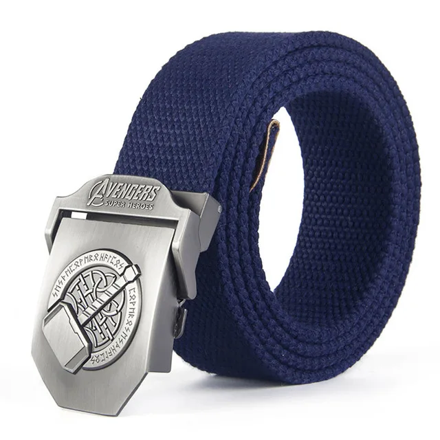 Blue Новинка, мужские ремни с пряжкой Thor Hammer, высокое качество, ремень на талию Мстителей для мужчин, повседневный стиль, тактический ремень в полоску для джинсов - Цвет: Blue