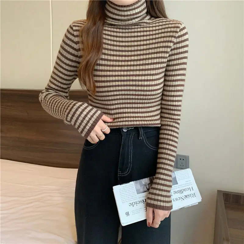 

Knitted Long Sleeve Casual Ribbed Jumpers T Shirts Pullover Blouse Striped Sweater Sueter Mujer Basic Turtleneck Elegant Tops