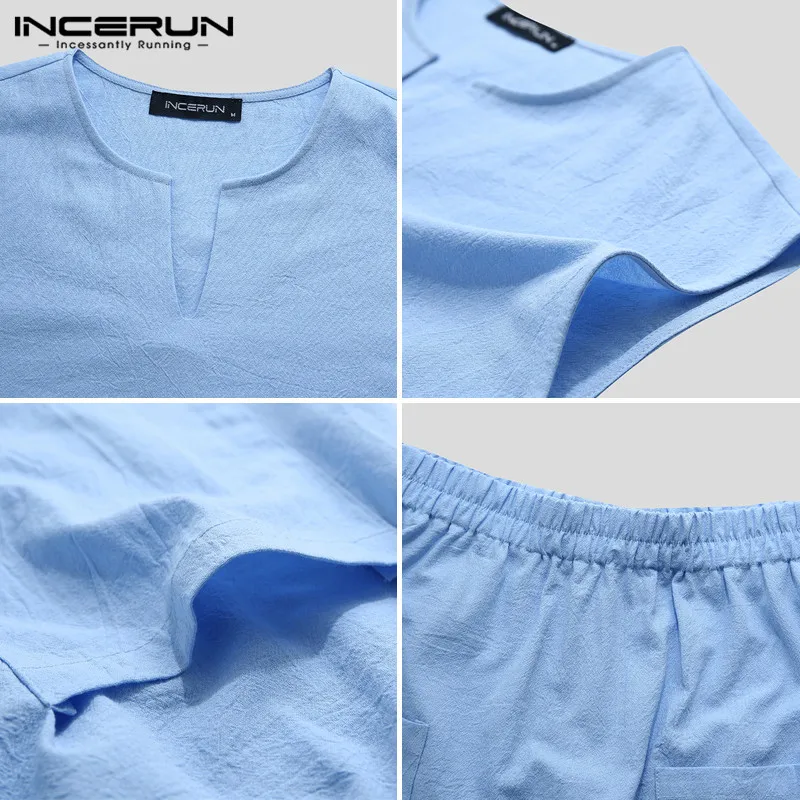 

INCERUN Vintage Men Sets Solid Color Casual Sleeveless Cotton Tank Tops Summer Shorts Workout Men Suit Loose Homewear Streetwear