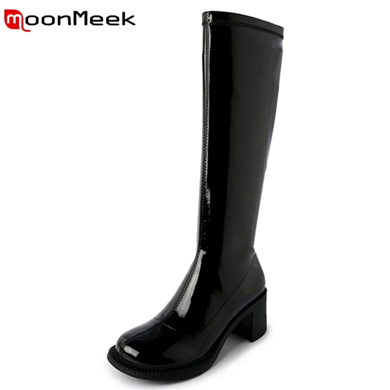 

Новое поступление 2022, модные сапоги MoonMeek, высокие сапоги на квадратном каблуке ручной работы, женские зимние сапоги на молнии