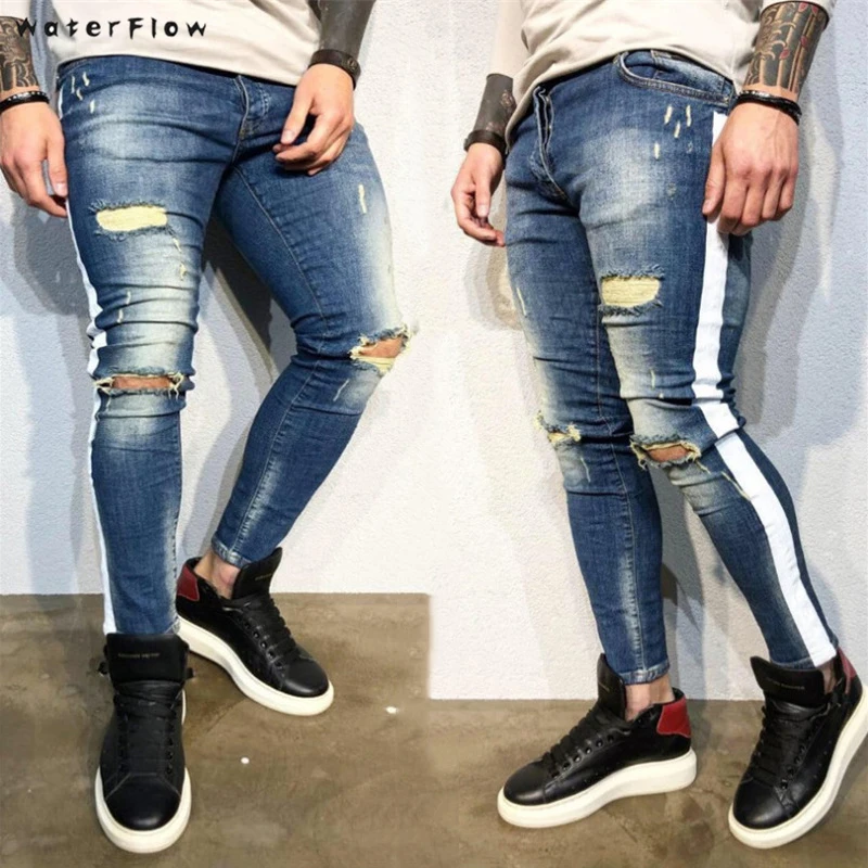 Рваные джинсы для мужчин облегающие брюки классические отбеливающие