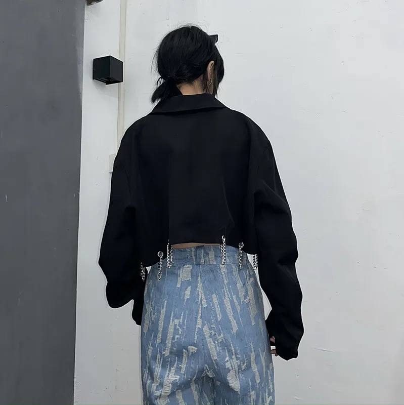 

Goth Harajuku Women's Blazers Designer Metal CHains Jackets Notched Outerwear Hollow Out Tops for girl Loose Jacket LT336S50