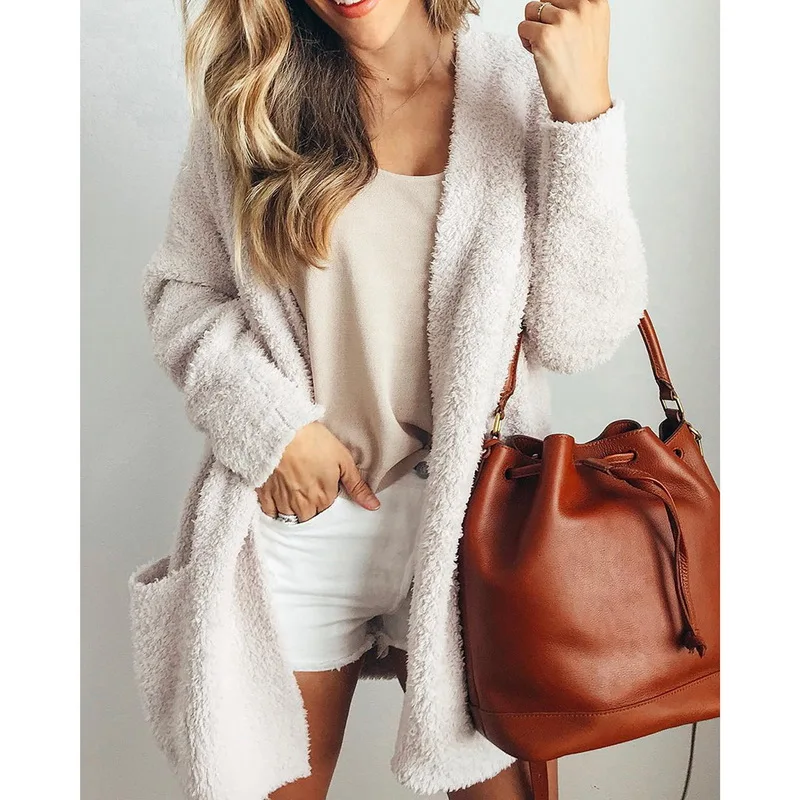 Женский вязаный мягкий кардиган гладкий теплый свитер с карманами джемпер для