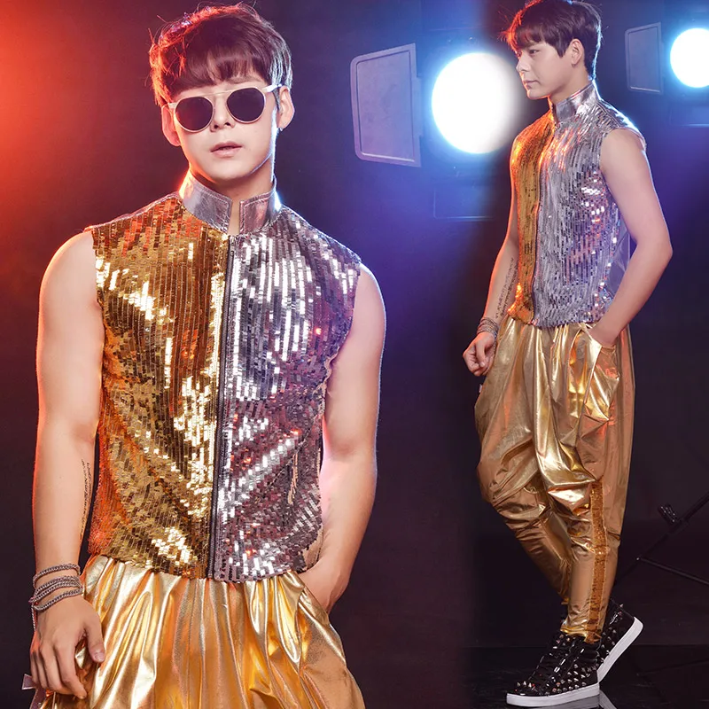 Shining Gold Stage Costumes For Singers Mens Hiphop Haren Pants Burning Man Festival Clothes Nightclub Outfits DJ Costume BL2190 |