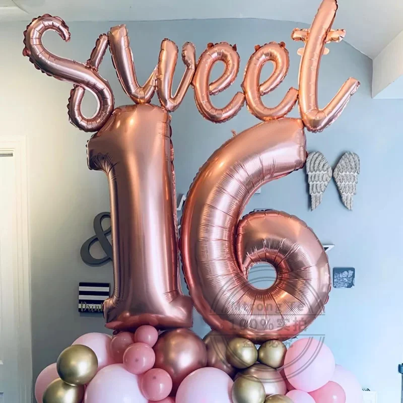 

1set Sweet 16 Party Decorations Supplies Sixteen Birthday Theme Decorations 16 25 30 Years Birthday 16inch Number Foil Balloons