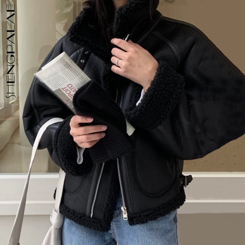 

SHENGPALAE Fashion Patchwork Jacket Women's Winter 2021 New Stand Collar Loose Zipper Long Sleeve Imitation Fur Coat Female
