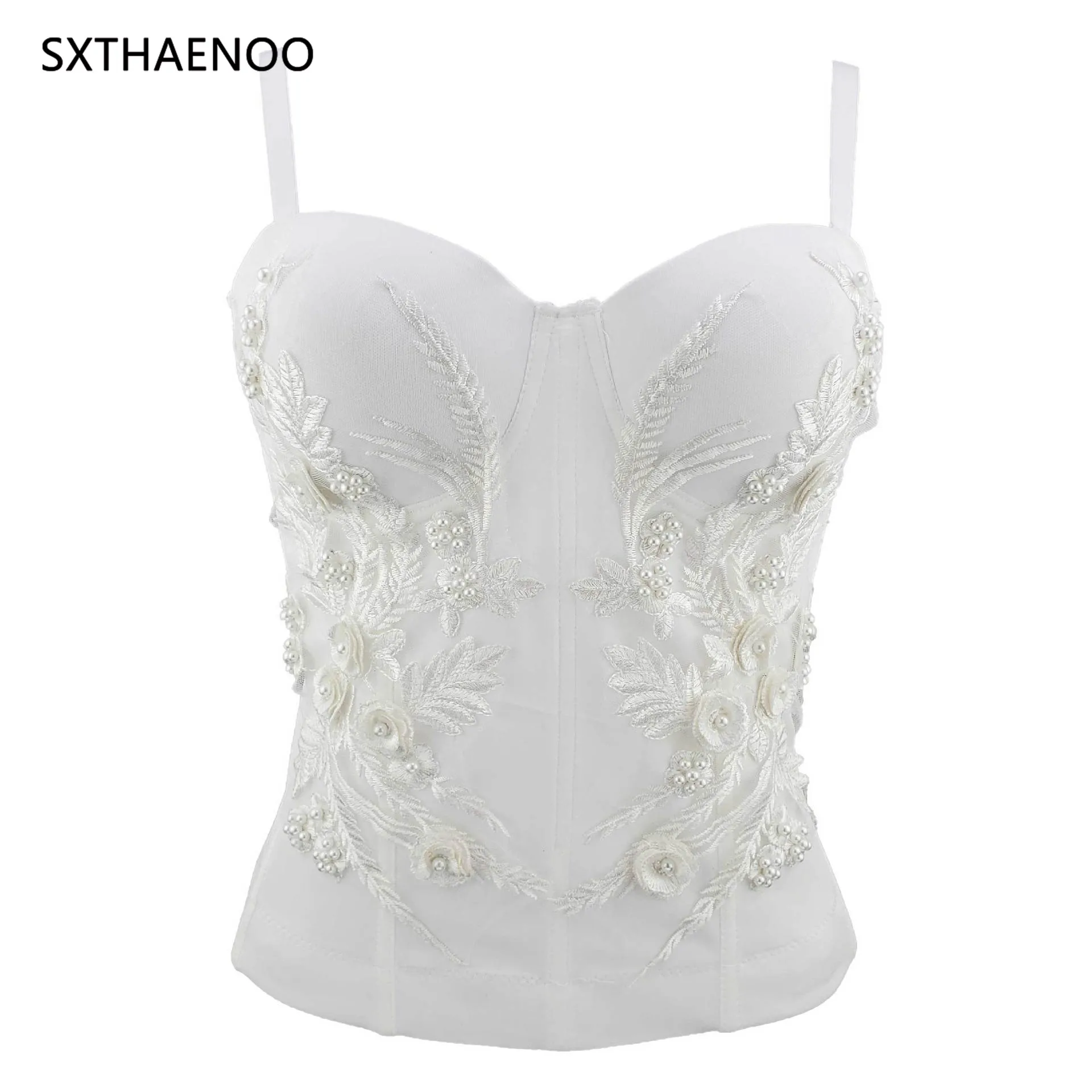 

SXTHAENOO Charming Embroidery Floral Lace Push Up Tops Women's Sexy Bustier Corset Wedding Party Corset Cropped Top Plus Size