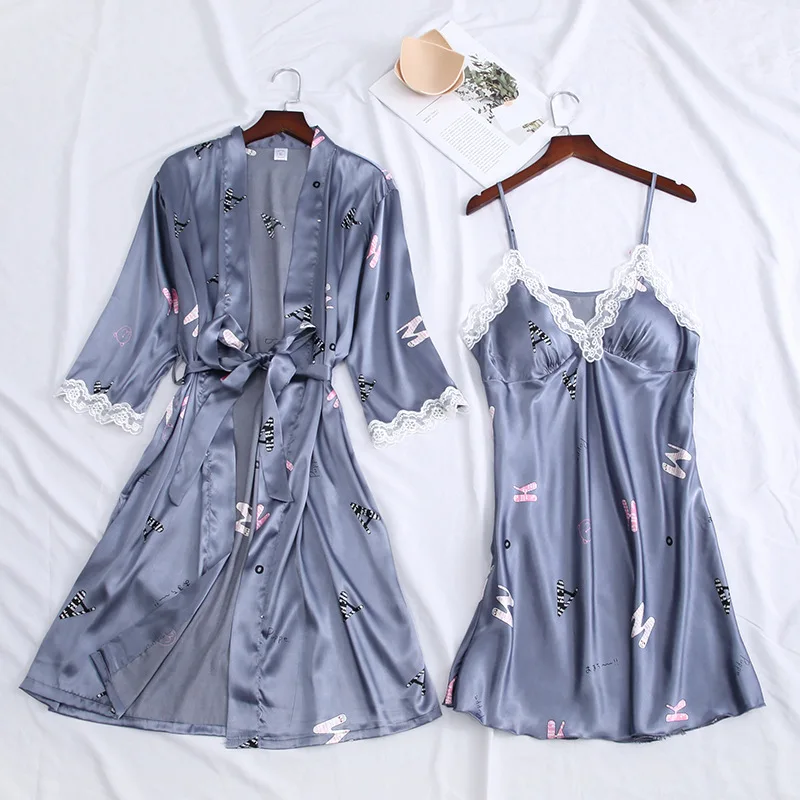 

Pink Satin Sleepwear Women 2PCS Robe Set Bride Bridesmaid Wedding Gown Lace Nightgown Mini Sexy Female Intimate Lingerie