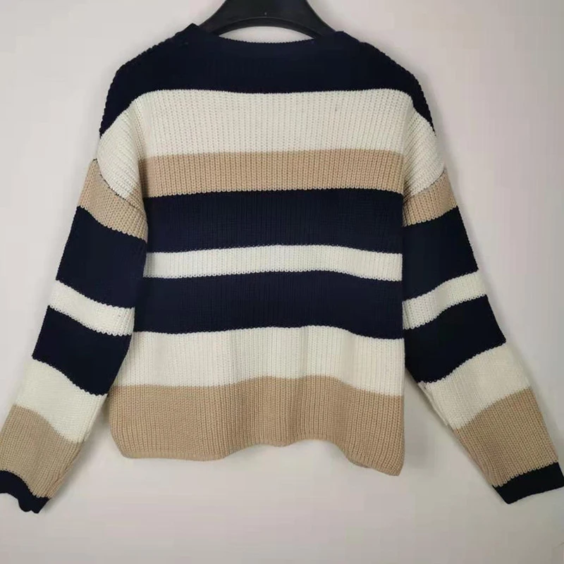 Женский вязаный свитер в полоску GOPLUS толстый теплый с длинным рукавом