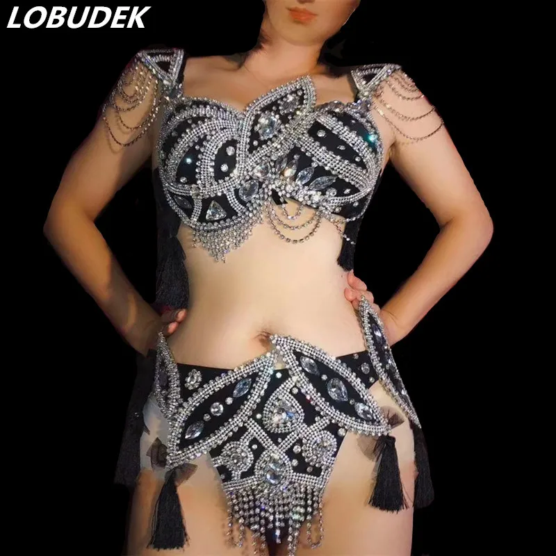 Черный комплект бикини стразы сексуальный женский сценический костюм DJ певицы