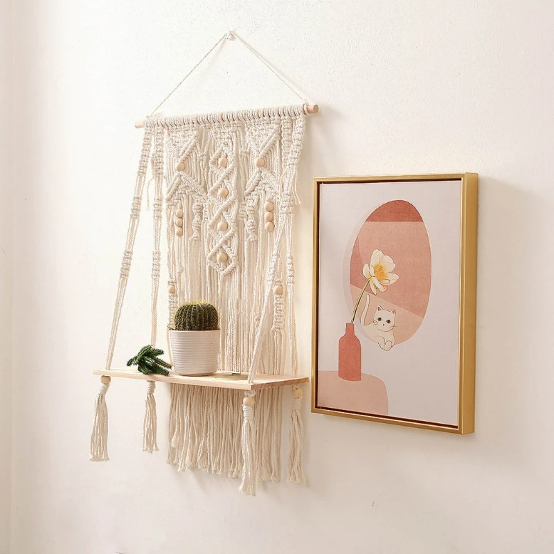 

Handwoven Macrame Tapestry Storage Rack Wall Hanging Shelf Wooden Shelves Wedding Party Bedroom Home Decor