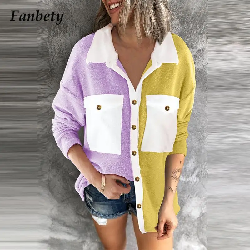

Autumn Elegant Ladies Patchwork Casual Shirts Women Turn-Down Collar Single-breasted Blouse Fashion Long Sleeve Tops Streetwears