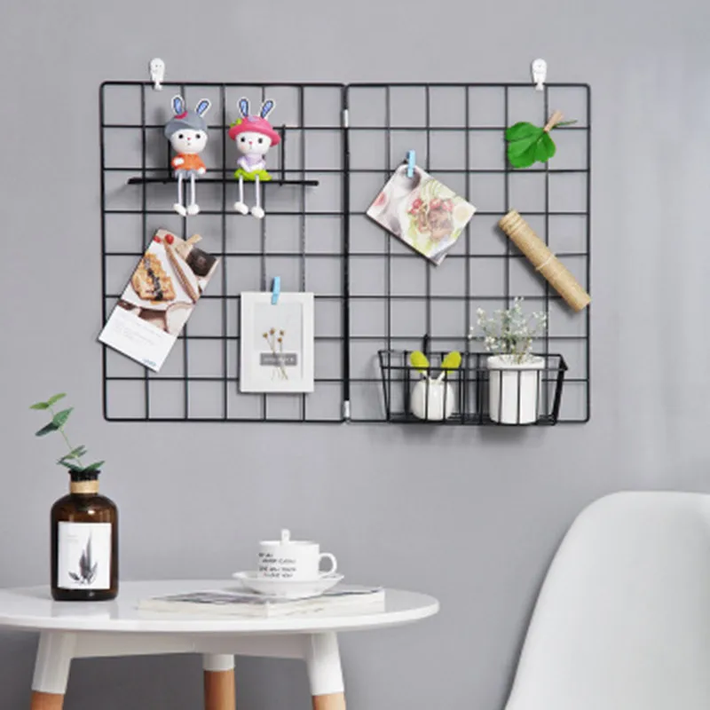 

Nordic Iron Grid Wall Art Decoration Shelf Home Decor Bedroom Photos Frame Postcards Mesh Display Storage Organizer Racks Holder