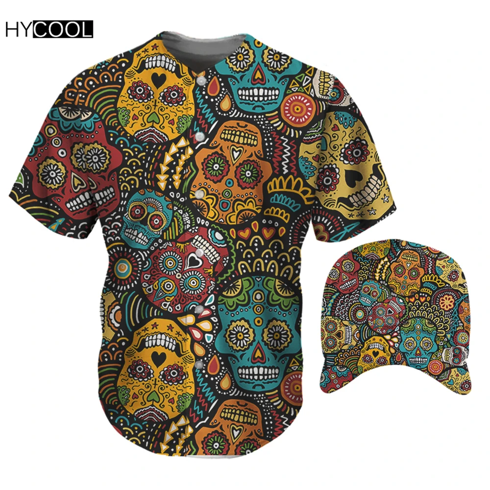 

Мужская одежда HYCOOL 2021, спортивные топы с коротким рукавом и принтом в виде сахарного черепа, мужские бейсбольные футболки, свободные футбол...