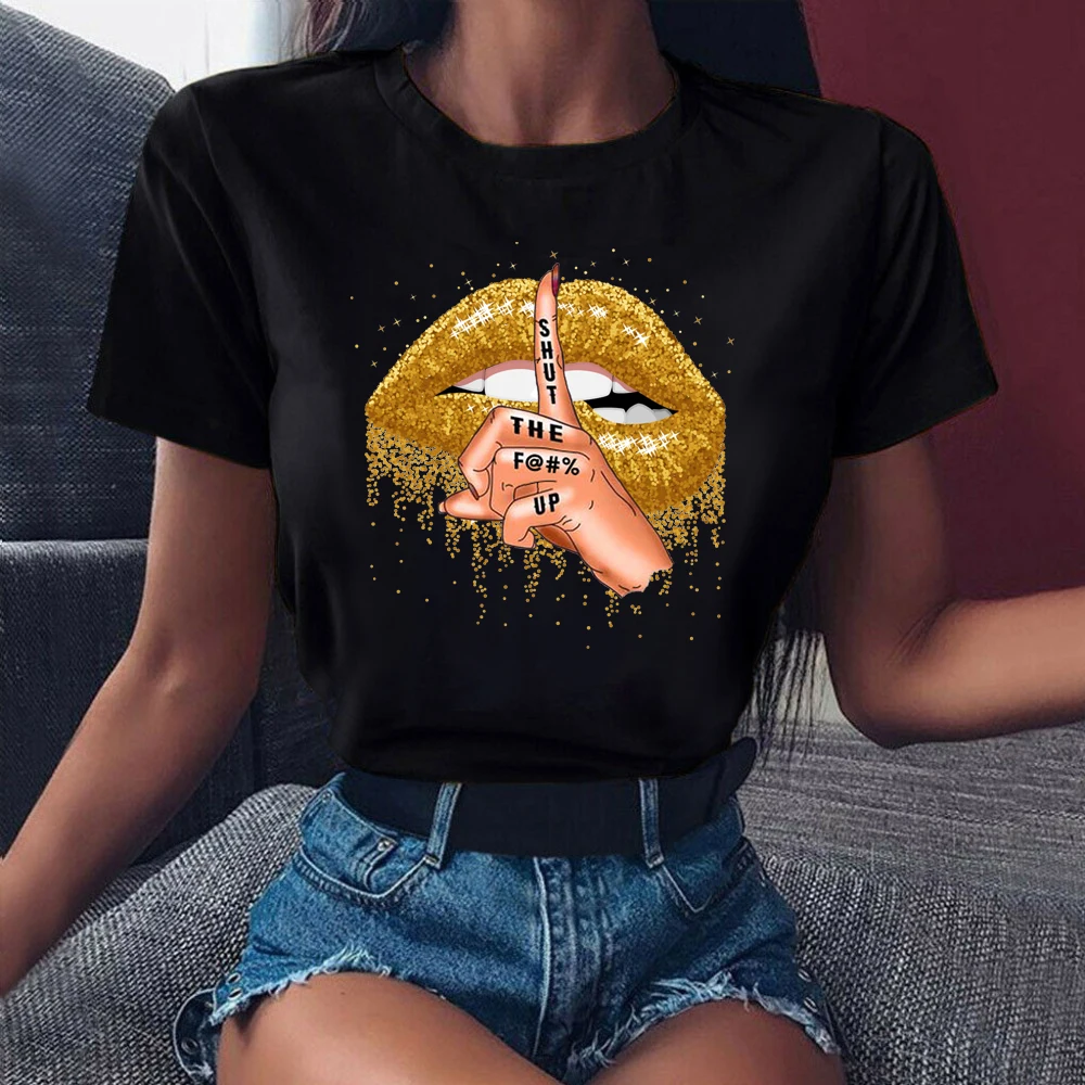 

Модная футболка с графическим принтом золотых губ, женская летняя футболка с коротким рукавом, черные футболки, рубашка в стиле Харадзюку, к...