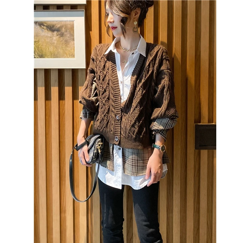 

Women's sweaters knitwear femme hiver 2021 y2k Korean style Tops zevity new year jerseys Oversized Cardigan Stitching plaid top