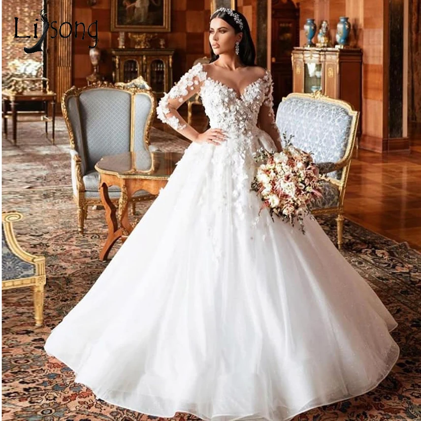 

Charming 3D Flower White Wedding Dresses See Thru Full Sleeves Puffy Bridal Gowns Lace Buttons Long Train Vestido De Voiva