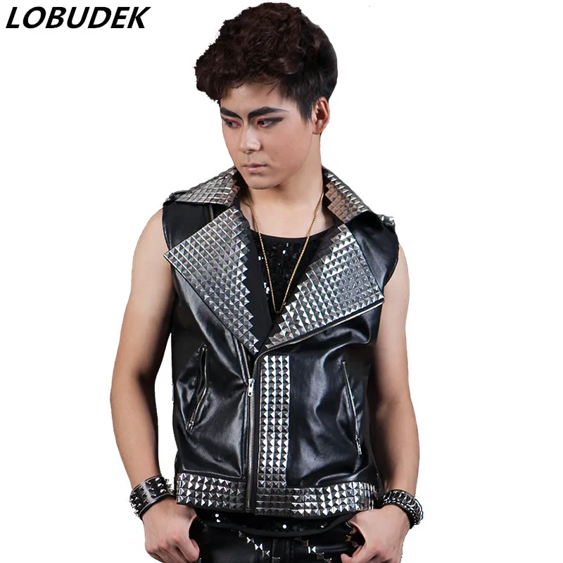 Мужской черный жилет из искусственной кожи с заклепками для ночного клуба