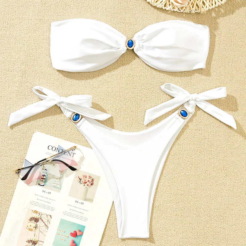 

Pure Color Ladies Swimsuit Beach 2021 Summer Women Two Pieces Bikinis Thong Bikini Set Nylon Gathered Diamond Tube Top Bikini