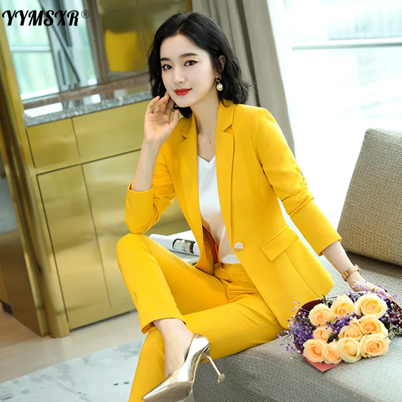 High Quality Autumn and Winter Women's Female Suit Pants Two-piece Suit 2022 New Elegant Yellow Lady Office Blazer Slim Trousers