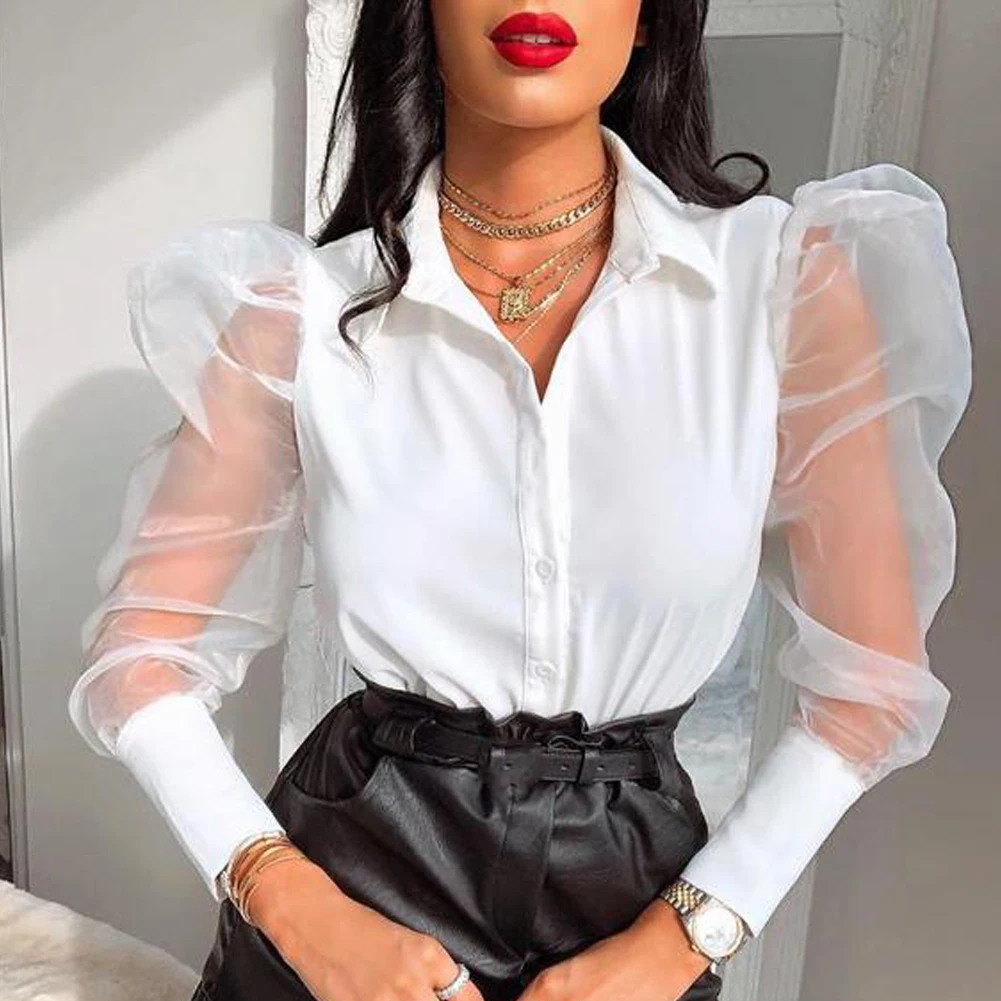 

Блузка женская с пышными длинными рукавами, V-образным вырезом и пуговицами